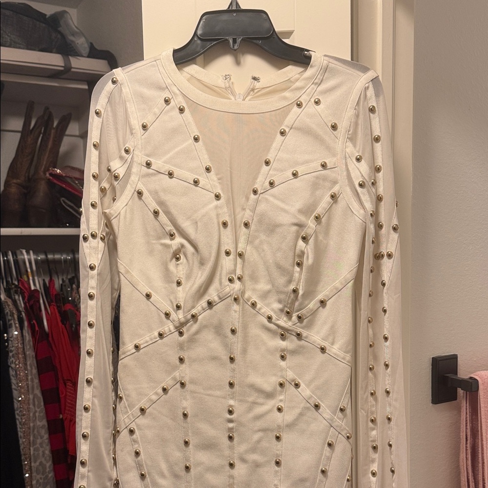 WOW Couture White Long Sleeve Dress with Gold Accents